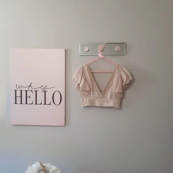 ☀️Zara nude linen plunge neckline crop top w/ floral mesh-like embroidery, M - Picture 6 of 11